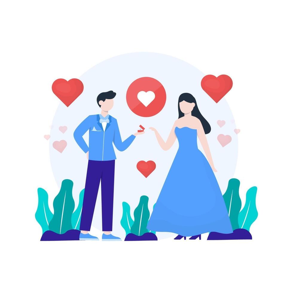 una pareja está comprometida y se está preparando para tener una ilustración vectorial de boda, adecuada para la página de destino, la interfaz de usuario, el sitio web, la aplicación móvil, la editorial, el póster, el folleto, el artículo y el banner vector