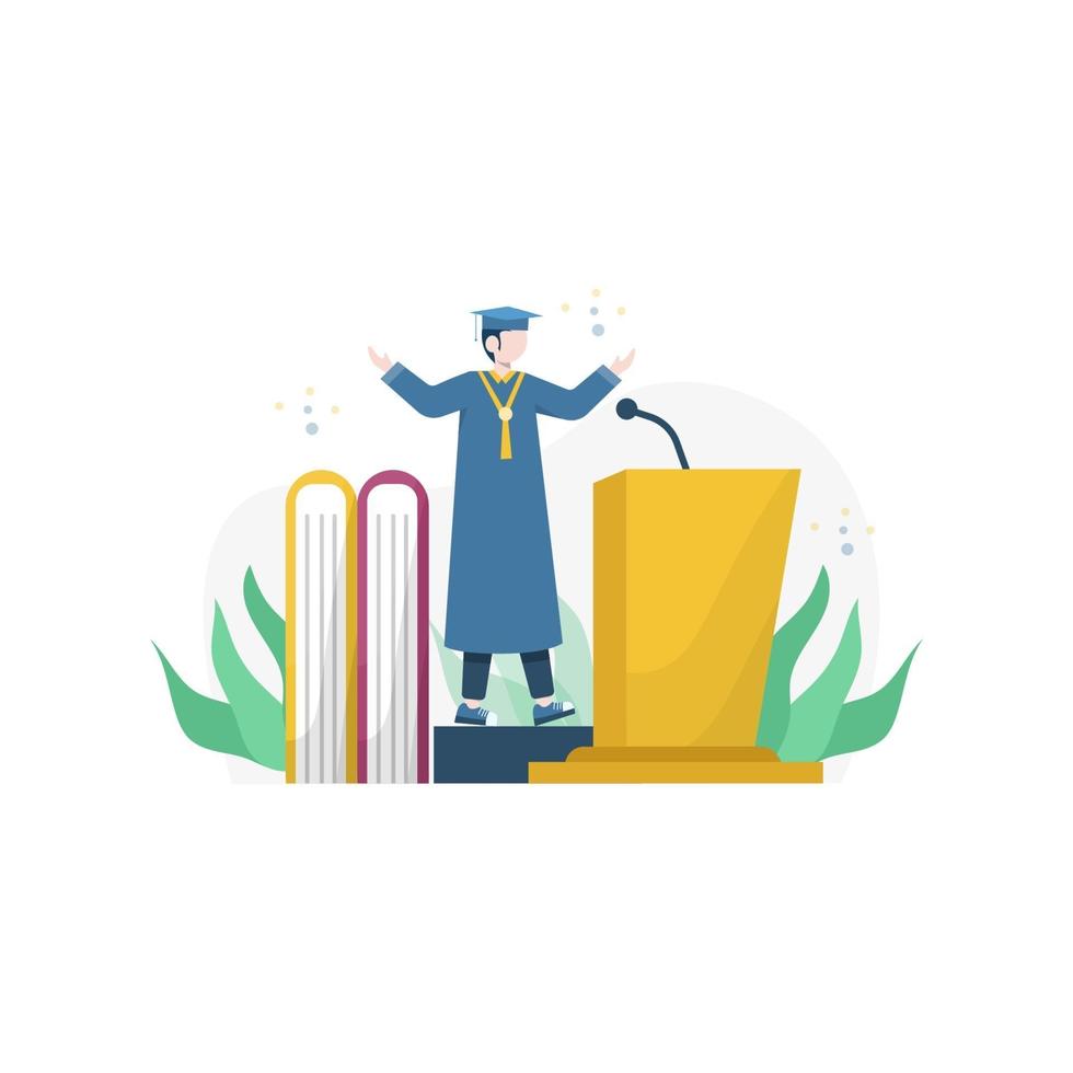 celebration of university graduation speeches and the distribution of diplomas vector illustration, suitable for landing page, ui, website, mobile app, editorial, poster, flyer, article, and banner