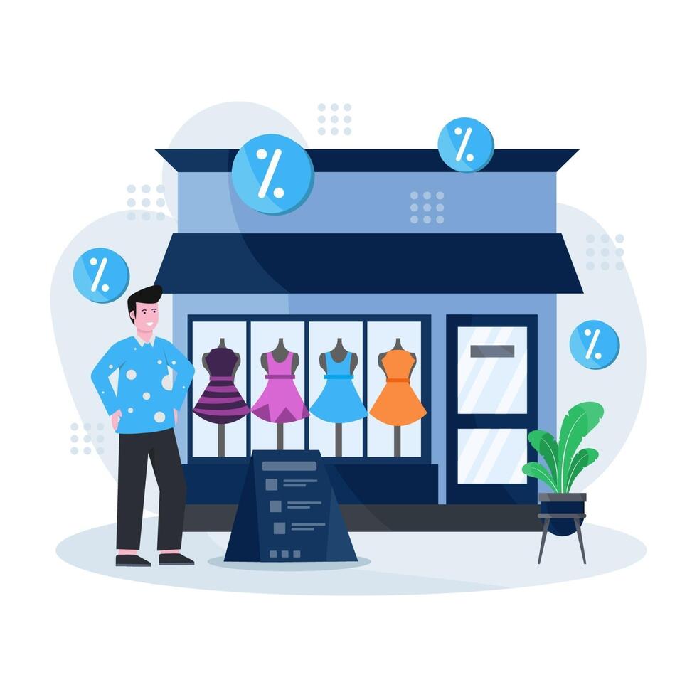 Flat vector illustration of a clothing shop and boutique with people dealing to buy clothes and accessories