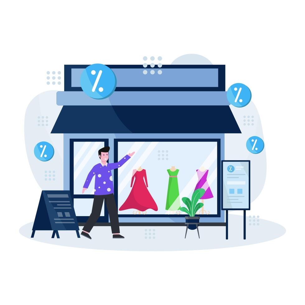 Flat vector illustration of a clothing shop and boutique with people dealing to buy clothes and accessories