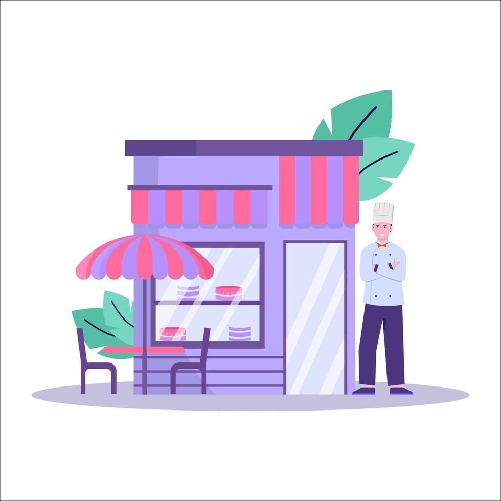 Flat vector illustration of customer who buys a cake for a birthday at a roadside cake shop