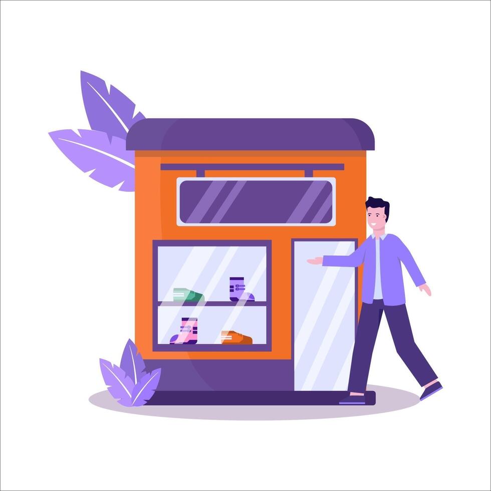 Flat vector illustration of shoe stores have a large sneaker collection and serve shoppers well