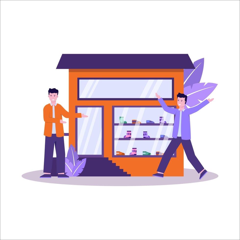 Flat vector illustration of shoe stores have a large sneaker collection and serve shoppers well