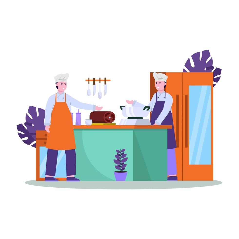 Flat vector illustration of chef prepares food well for shoppers in restaurants