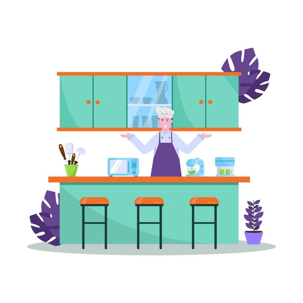 Flat vector illustration of chef prepares food well for shoppers in restaurants