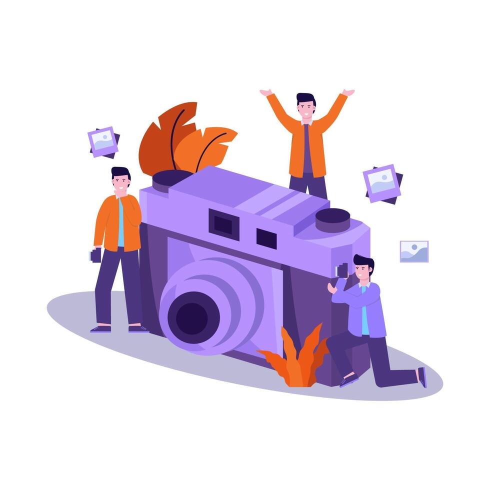 Flat vector illustration of photographer prepares equipment and takes a photo of the model professionally