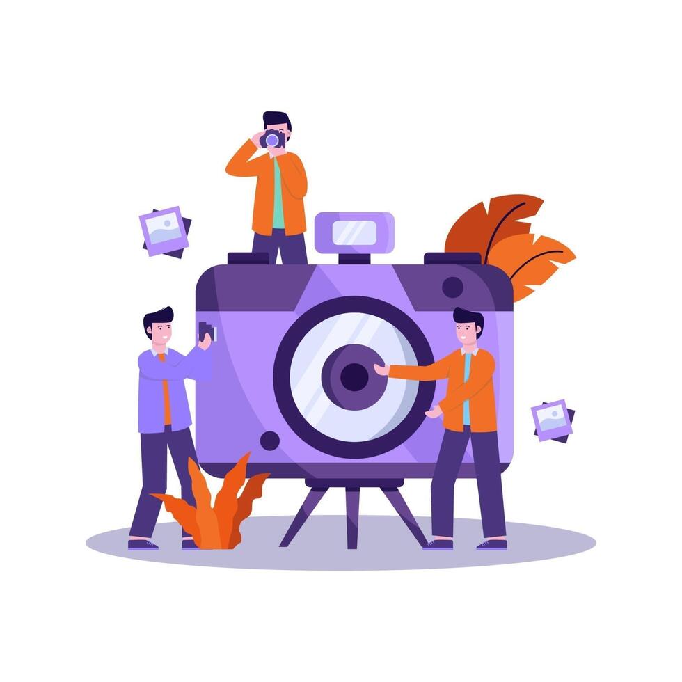 Flat vector illustration of photographer prepares equipment and takes a photo of the model professionally