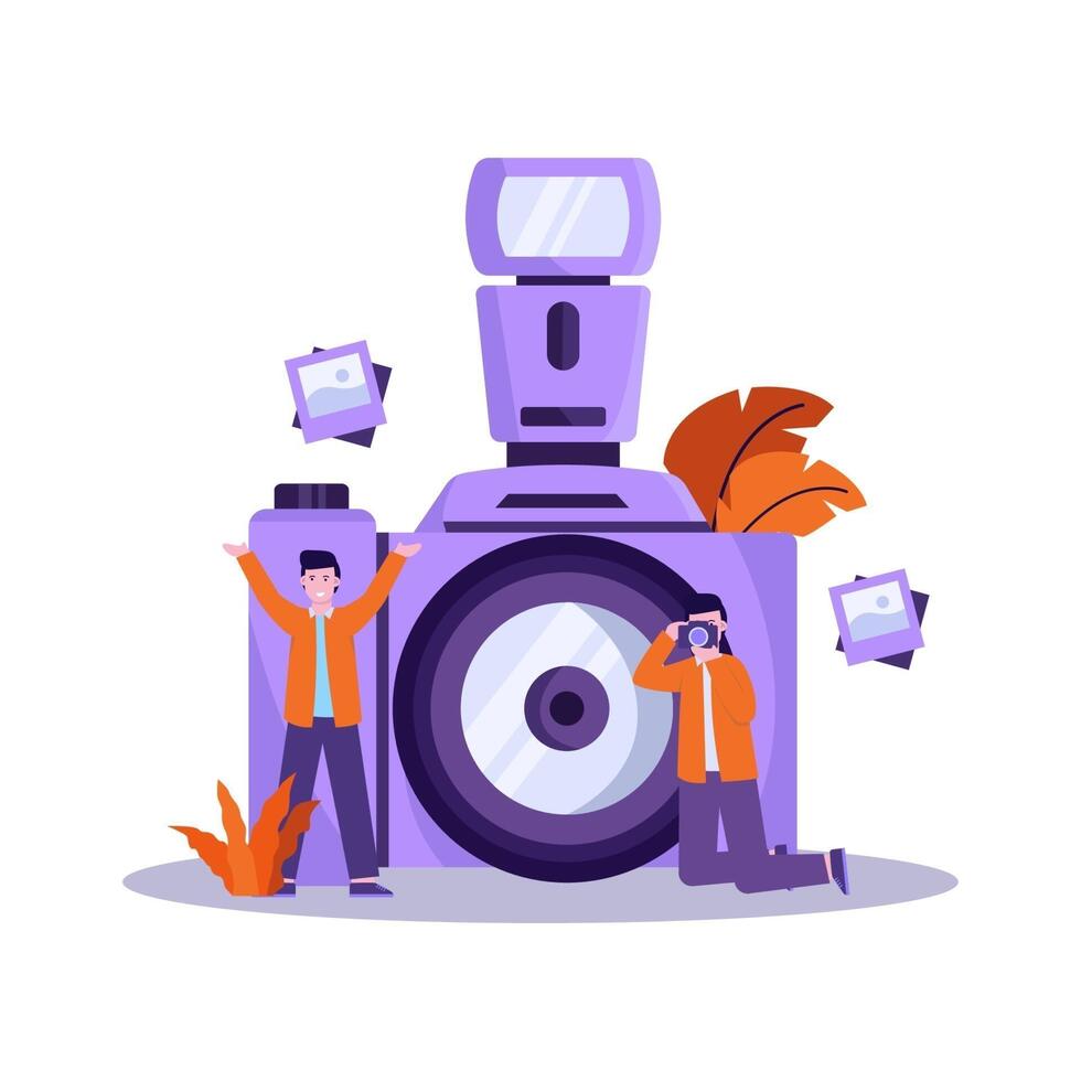 Flat vector illustration of photographer prepares equipment and takes a photo of the model professionally