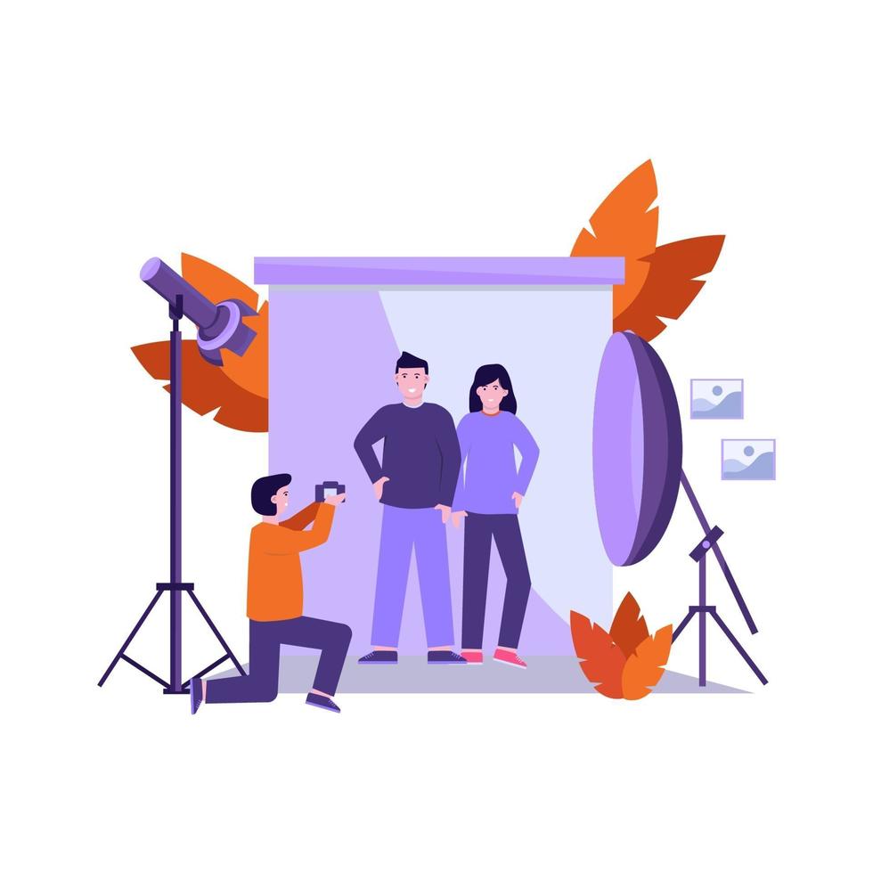 Flat vector illustration of photographer prepares equipment and takes a photo of the model professionally