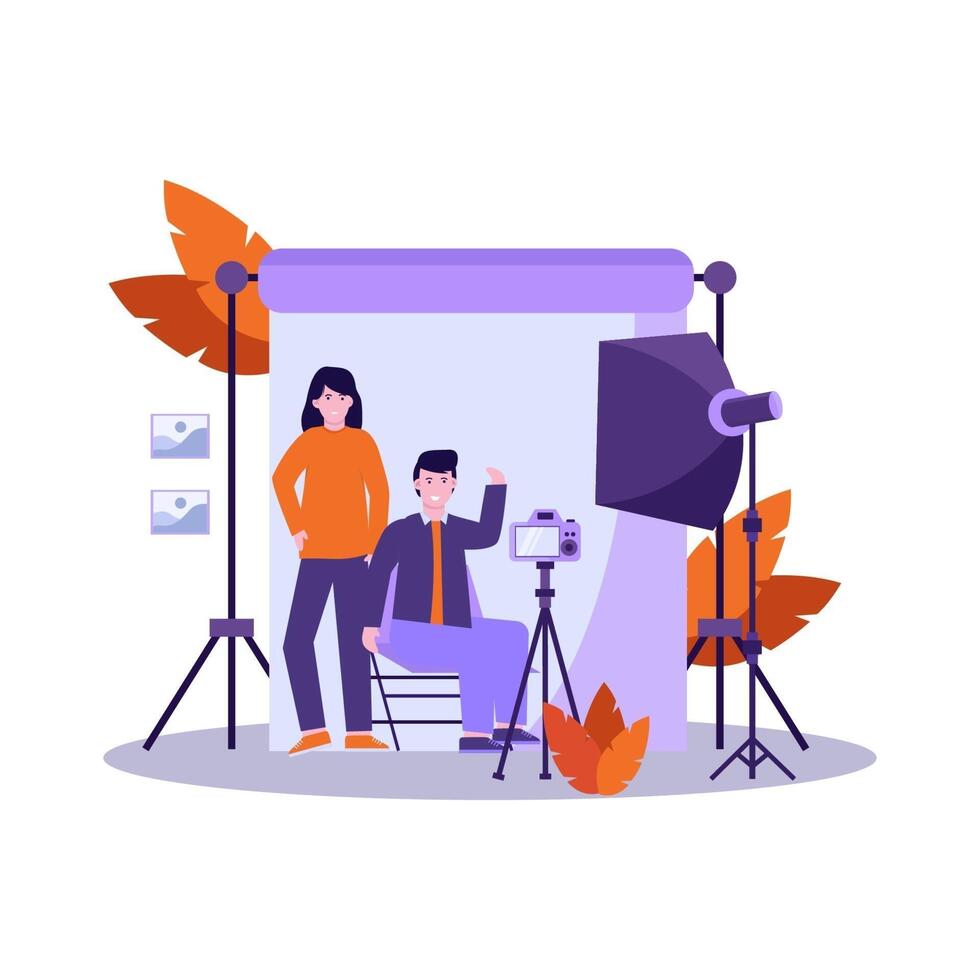 Flat vector illustration of photographer prepares equipment and takes a photo of the model professionally