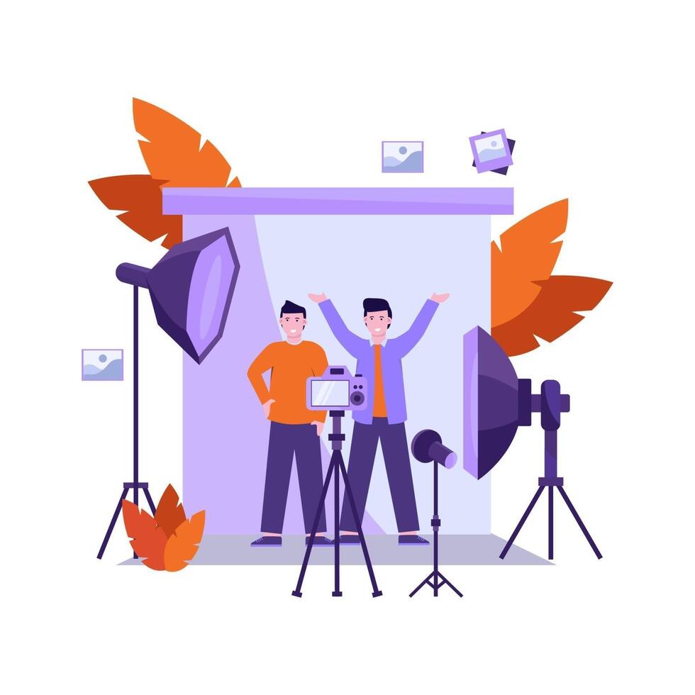 Flat vector illustration of photographer prepares equipment and takes a photo of the model professionally