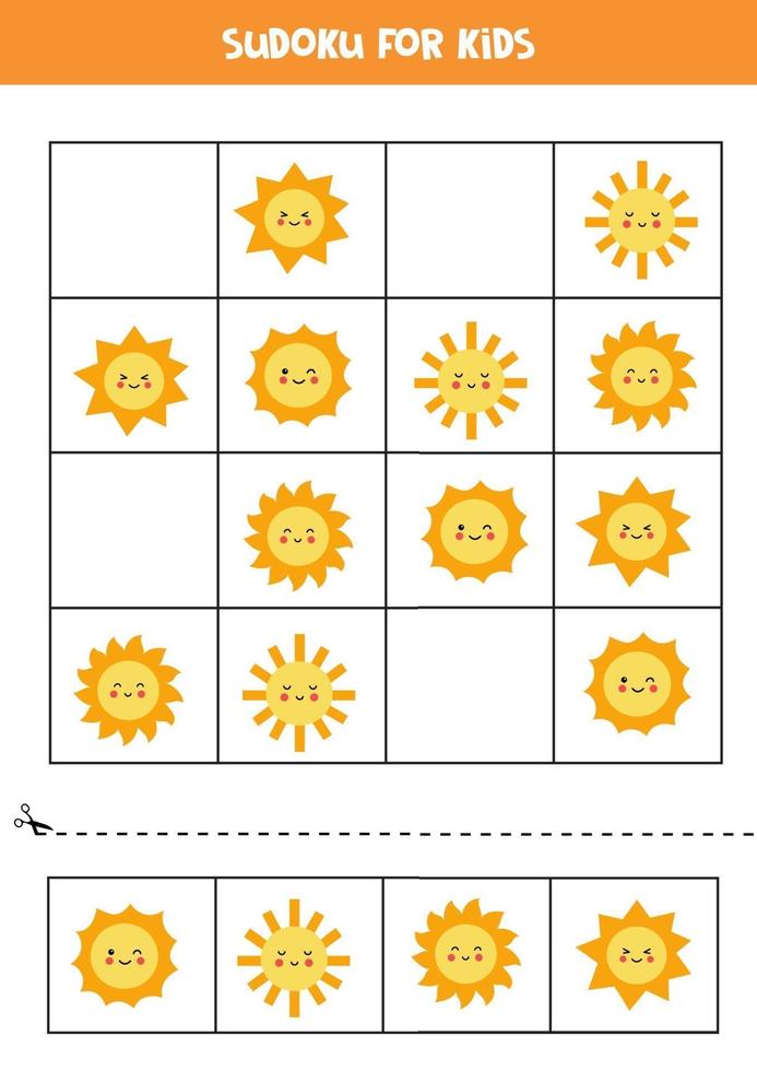 Sudoku game for kids with cute kawaii Suns. vector