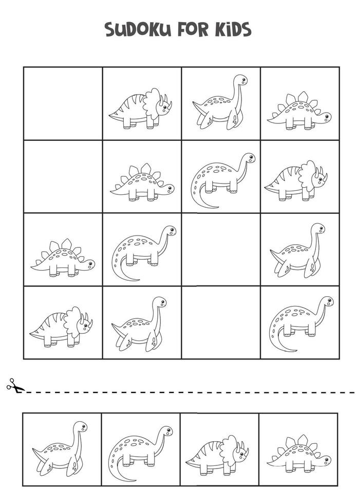 Sudoku game for kids with cute black and white dinosaurs. vector