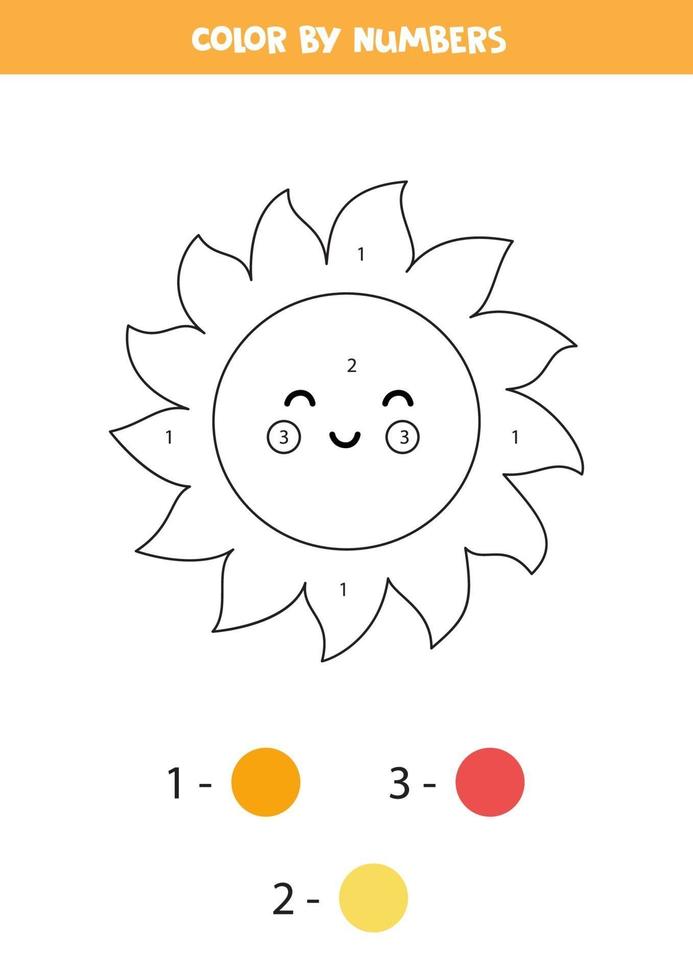 Color cute cartoon Sun by numbers. Worksheet for kids. vector