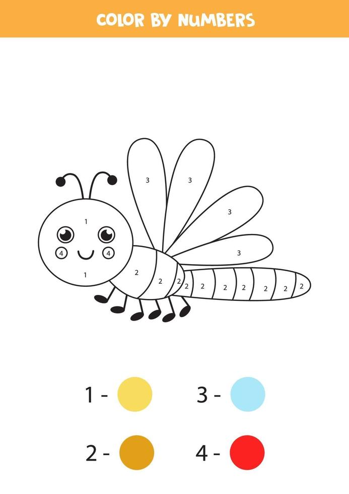 Color cute cartoon dragonfly by numbers. Worksheet for kids. vector