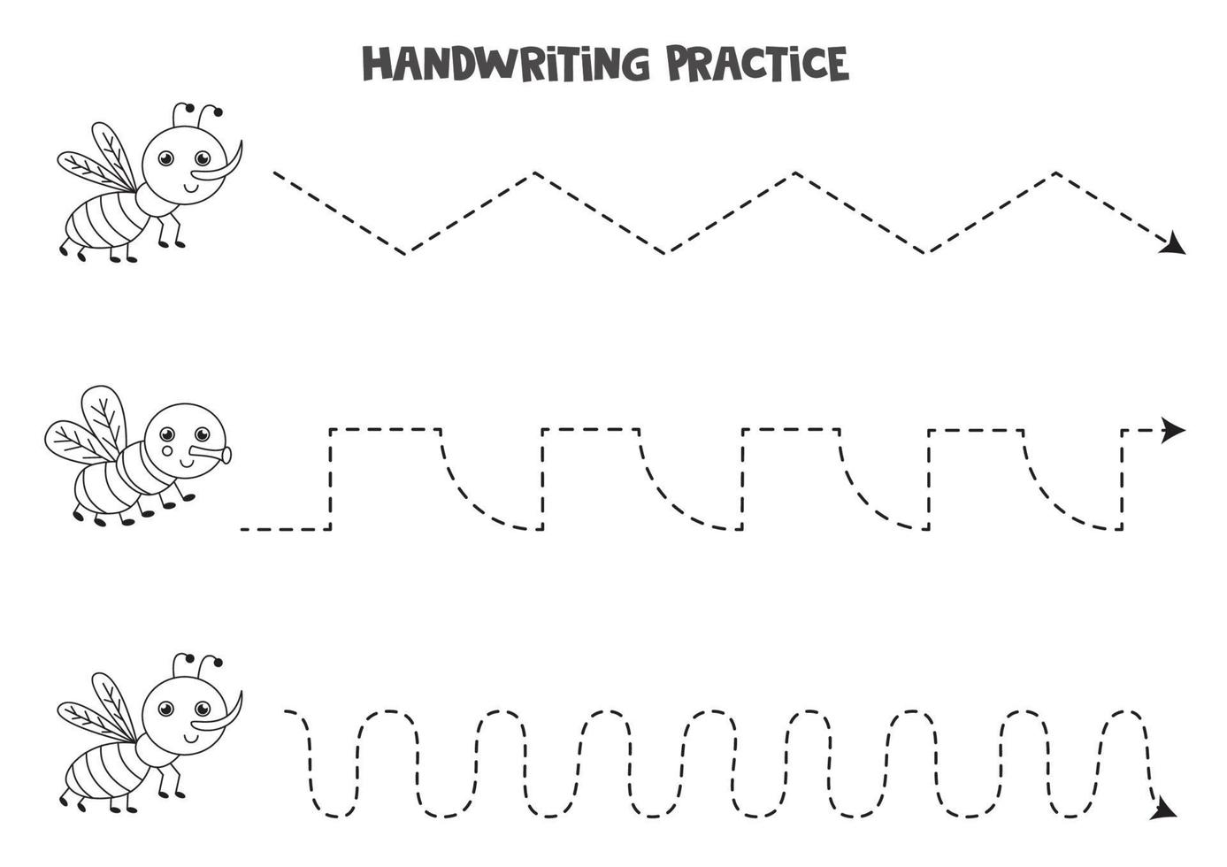 Tracing lines with black and white gnat and fly. Writing practice. vector