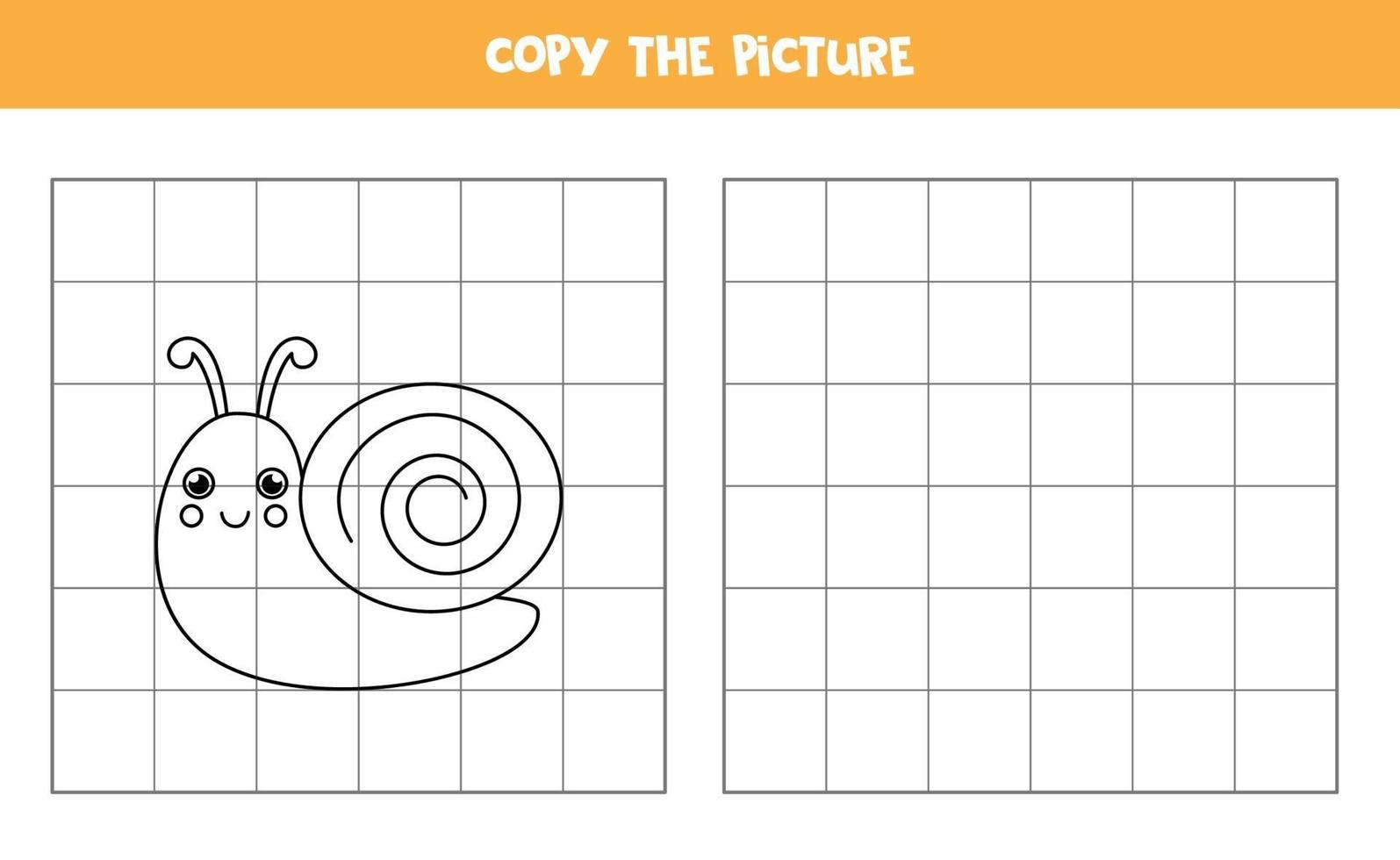 Copy the picture of cute snail. Logical game for kids. vector