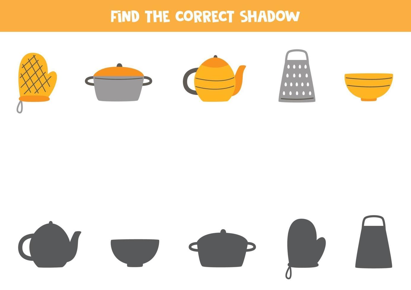 Find correct shadow of kitchen utensils. Game for children. vector