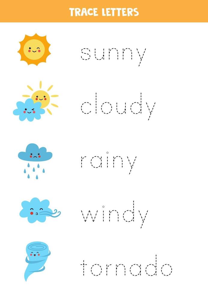 Tracing letters with cute kawaii weather events. Writing practice. vector