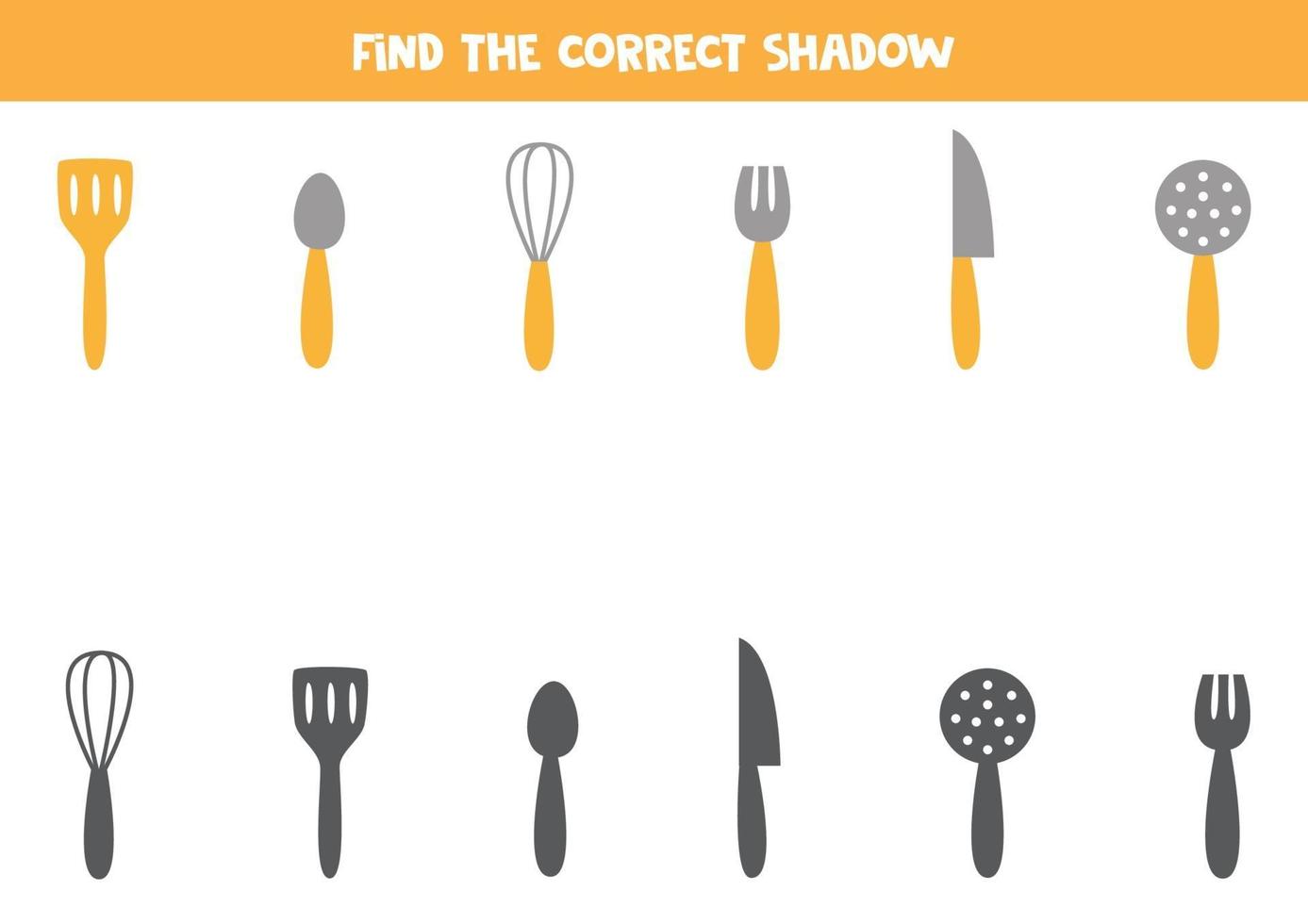 Encuentra la sombra correcta de los cubiertos de cocina. juego para niños. vector