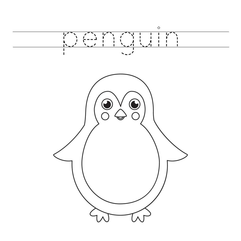 Tracing letters with cute penguin. Writing practice for kids. vector