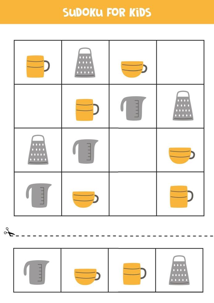 juego de sudoku para niños con utensilios de cocina. vector