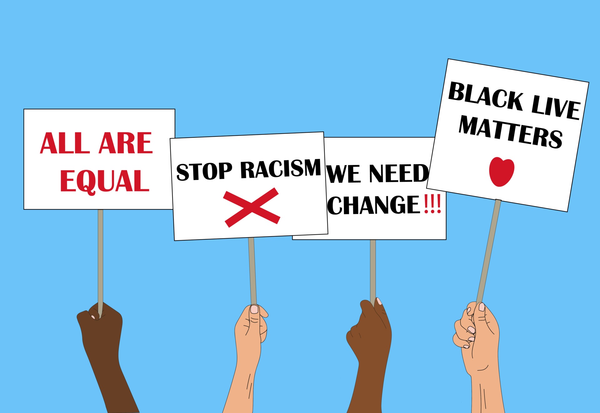 Stop racism concept, hands with different skin color holding posters in