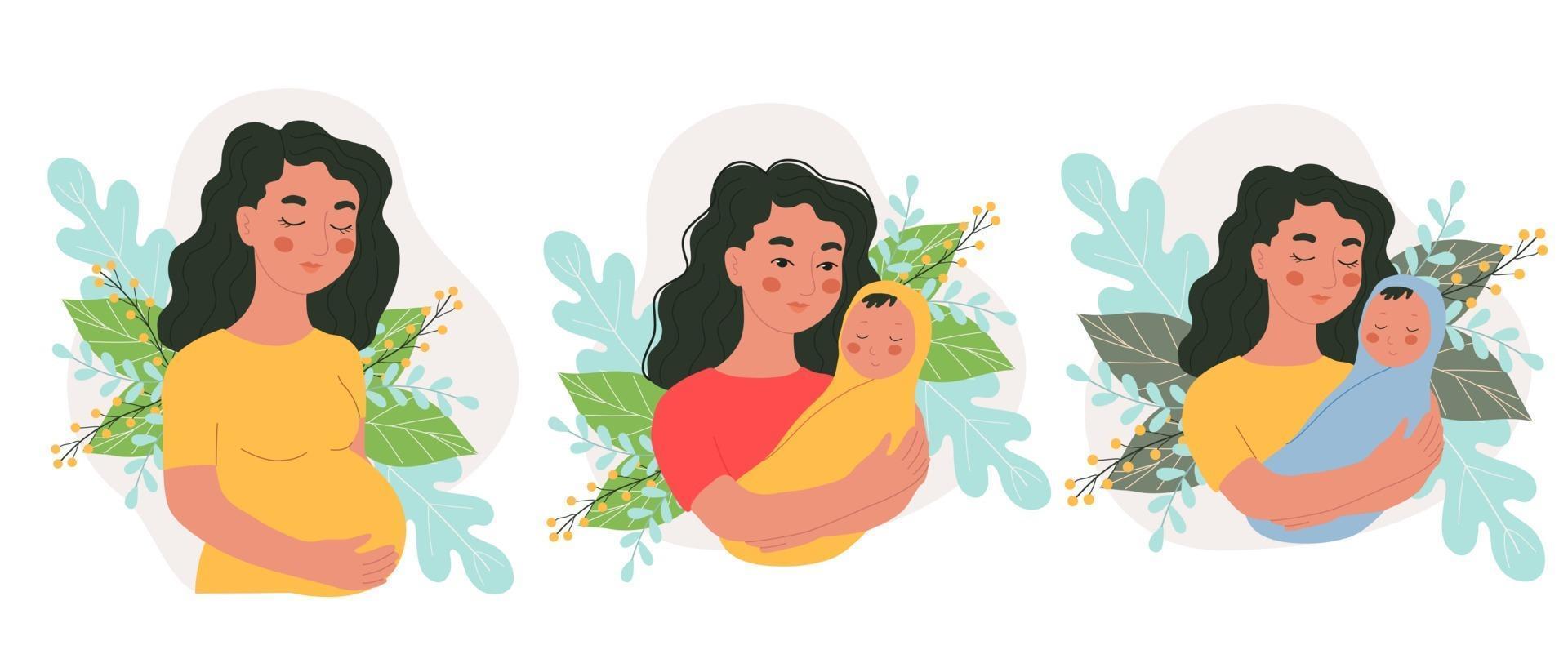 conjunto de diferentes personajes femeninos de embarazo y recién nacido, madre y bebé en brazos, ilustración vectorial en estilo doodle, dibujar a mano. vector