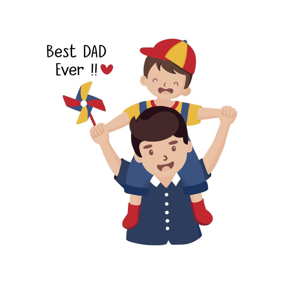 Happy Father's Day greeting card.  Son sits on the shoulders of his father. vector