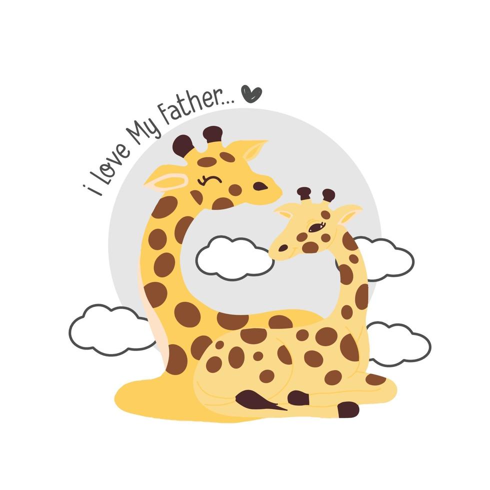 tarjeta del día del padre con jirafas. padre de jirafa besando a bebé jirafa. vector
