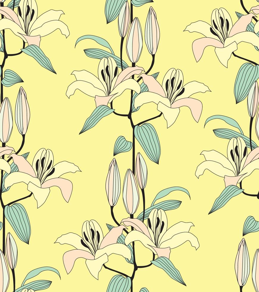 Floral seamless pattern. Flower lily bloom background. Floral textured retro ornament with flowers. Flourish tiled ornamental stylish wallpaper vector