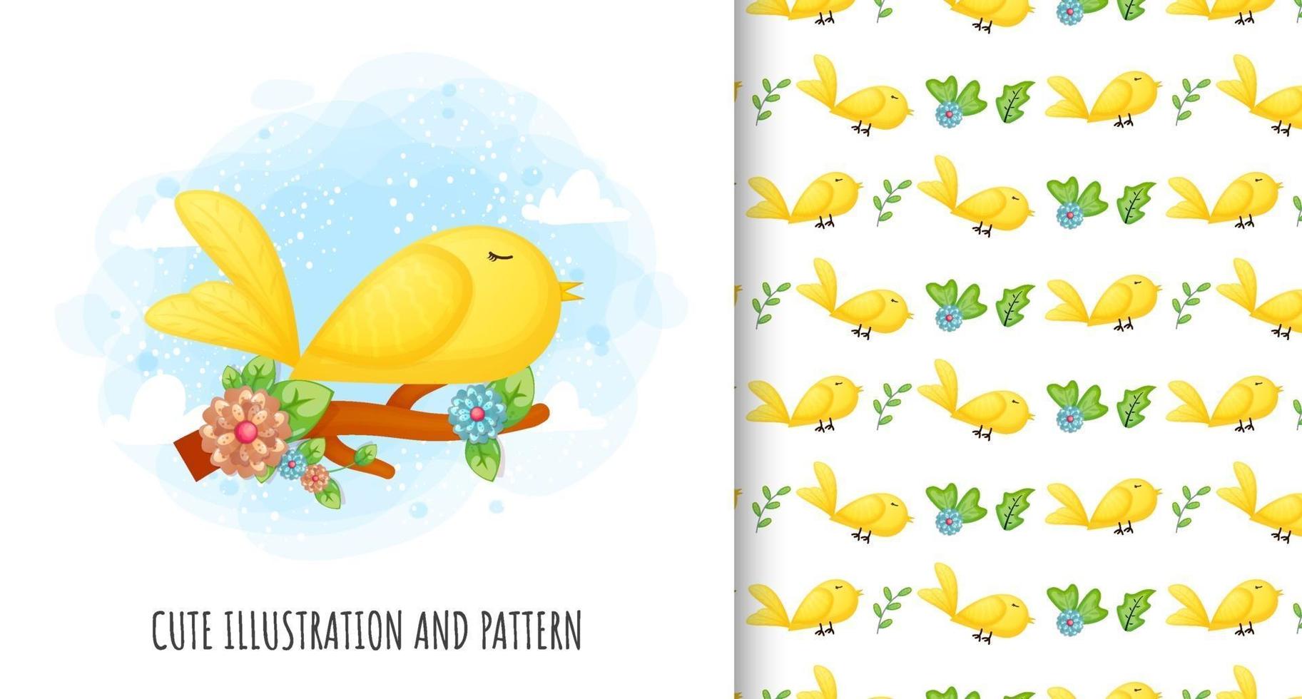 Cute bird illustration and pattern Premium Vector