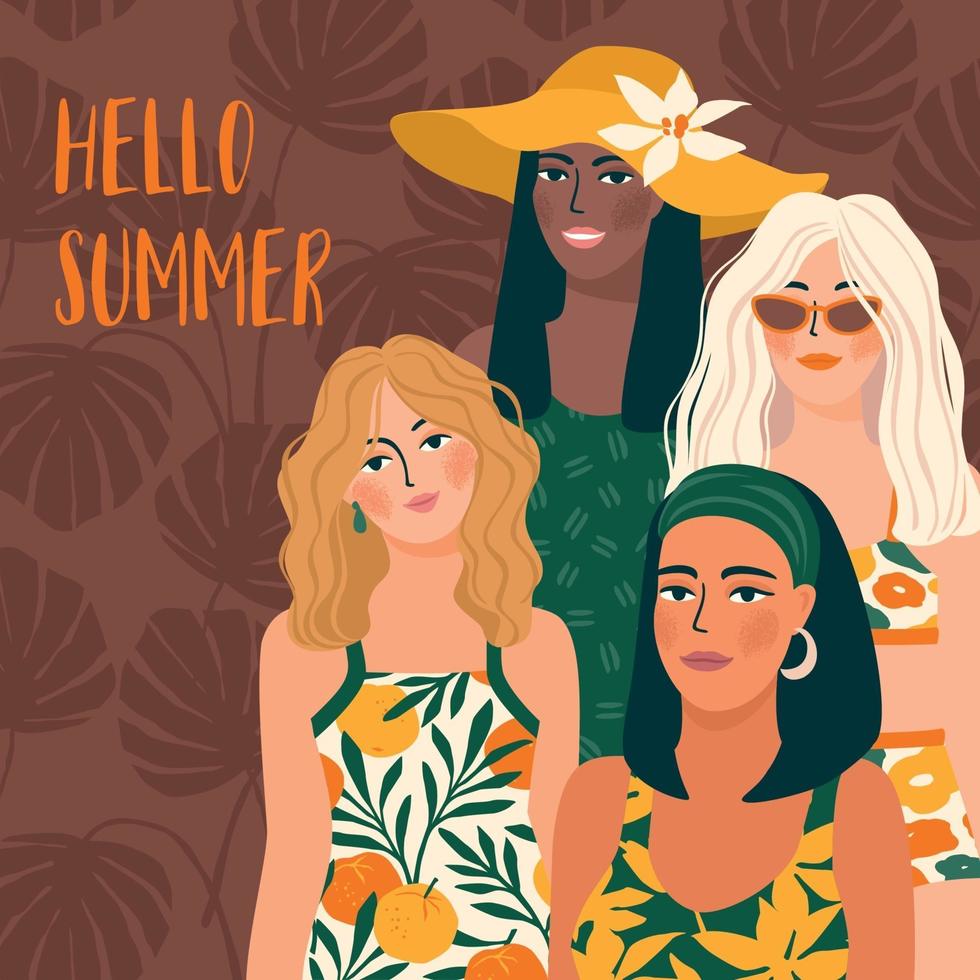 Vector illustration of woman in bright swimsuit. Young girls with different skin colors.