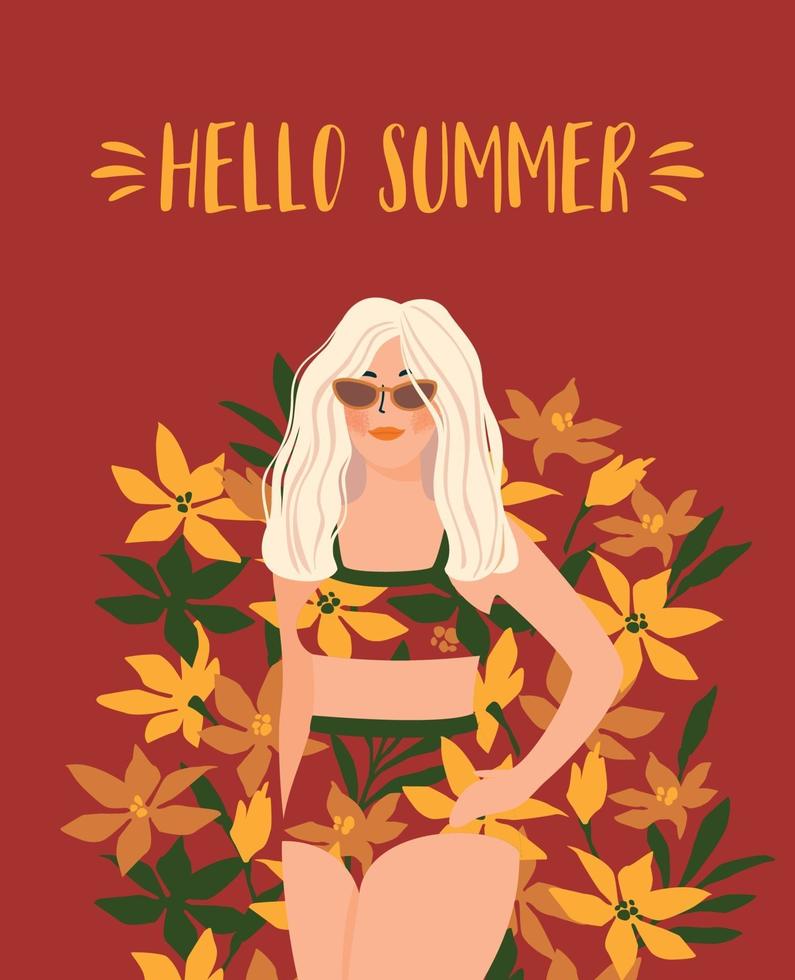 Vector illustration of woman in bright swimsuit. Design for summer concept and other