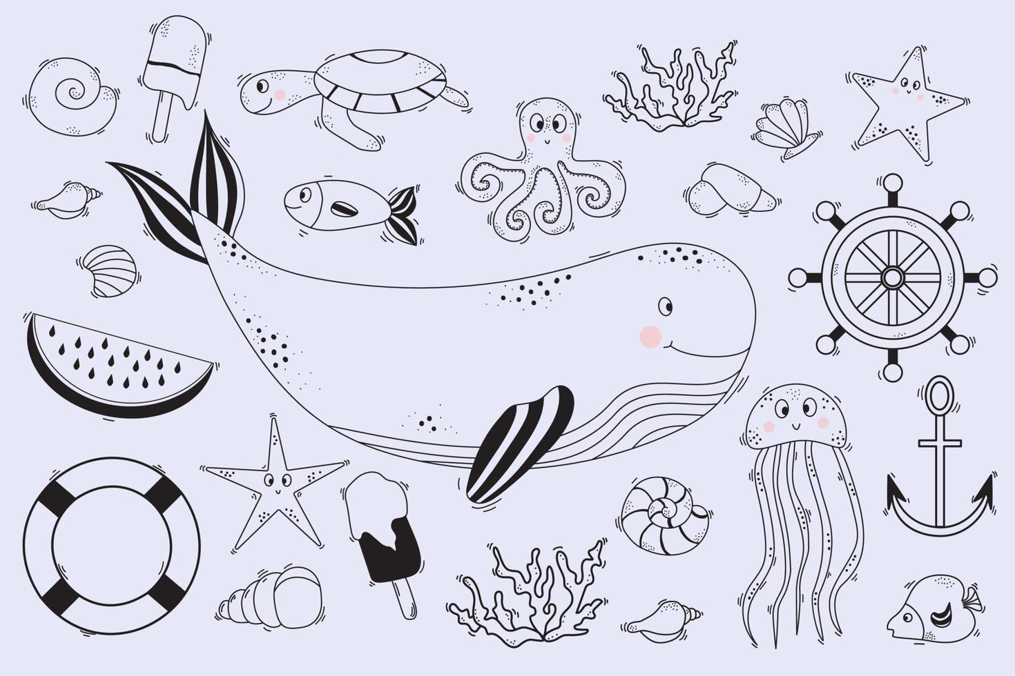 Large set of linear marine life. Underwater inhabitants - whale and dolphin, octopus and fish, starfish and jellyfish, turtle, shells and corals. Vector. Line, outline vector