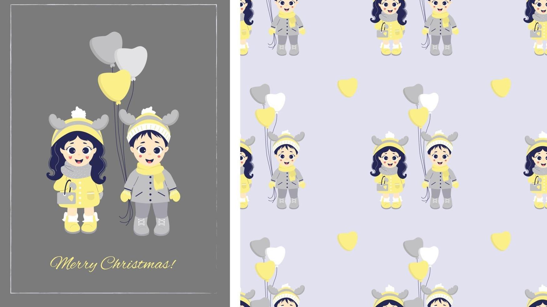 Kids winter. Seamless patterns and greeting card Merry Christmas. Couple - a boy and a girl with deer antlers on their heads and with balloons in winter clothes on gray background. Vector