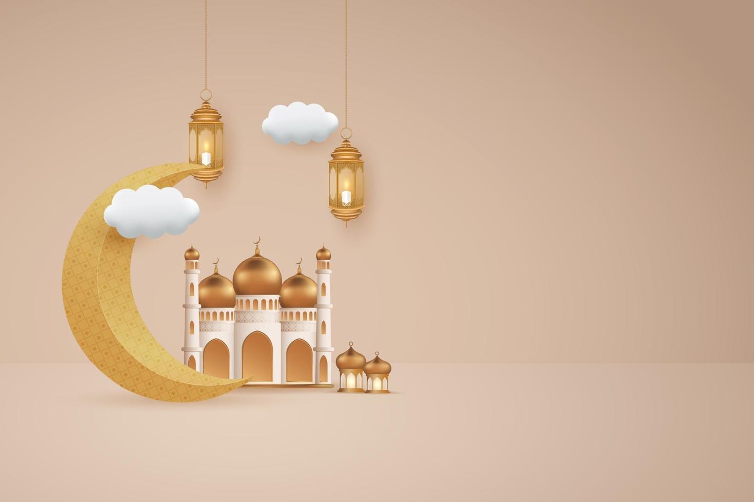 Ramadan or Eid Mubarak background with two hanging lanterns and mosque vector