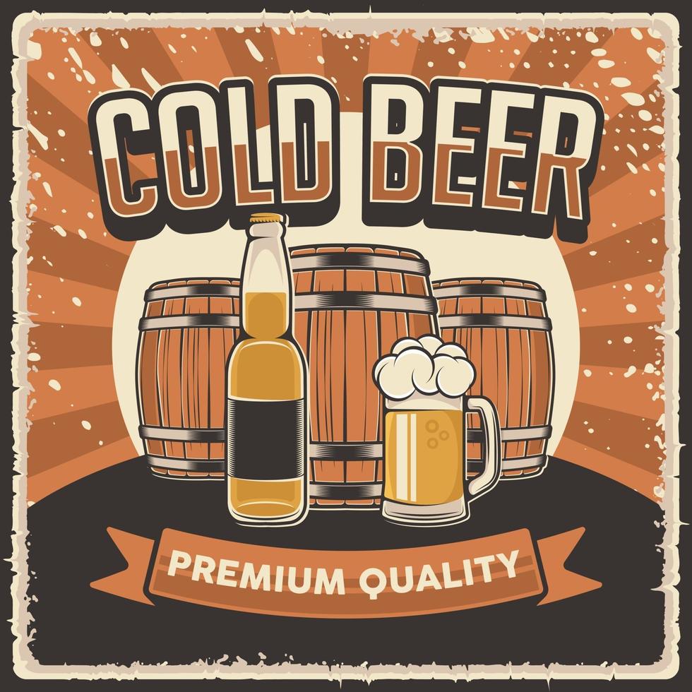 Gráfico vectorial de ilustración retro vintage de cerveza fría apta para carteles o carteles de madera vector