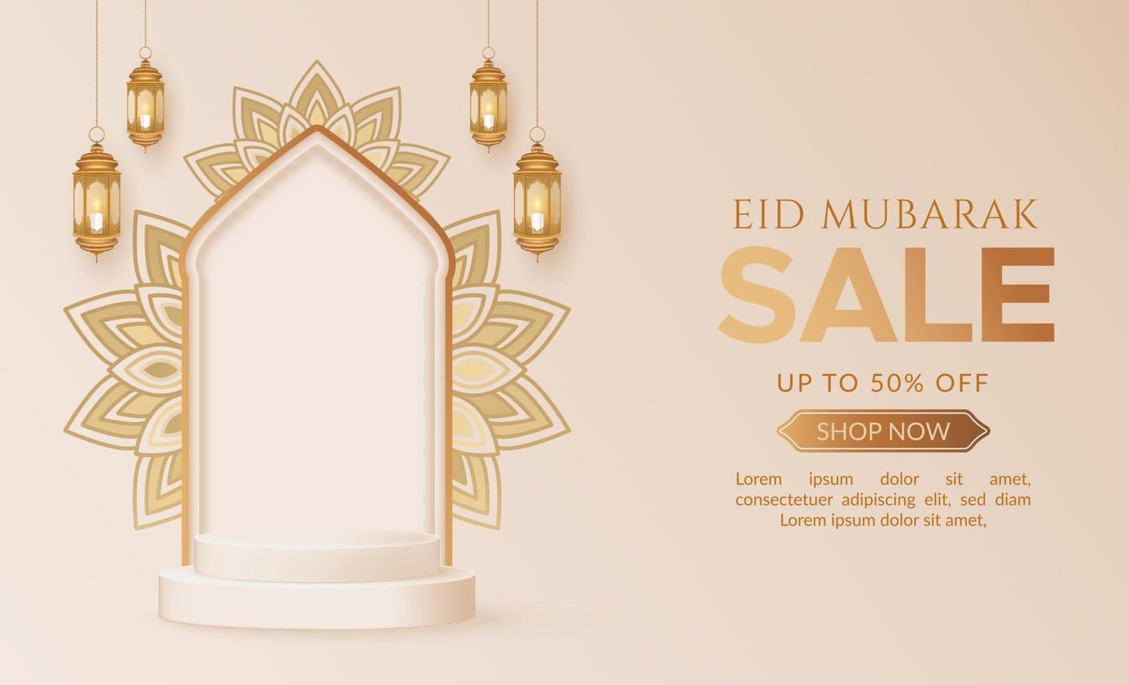 Eid mubarak sale promotion background with podium and lanterns vector