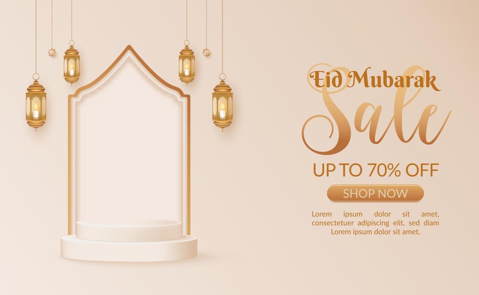 Eid Mubarak sale promotion background with podium and lanterns vector