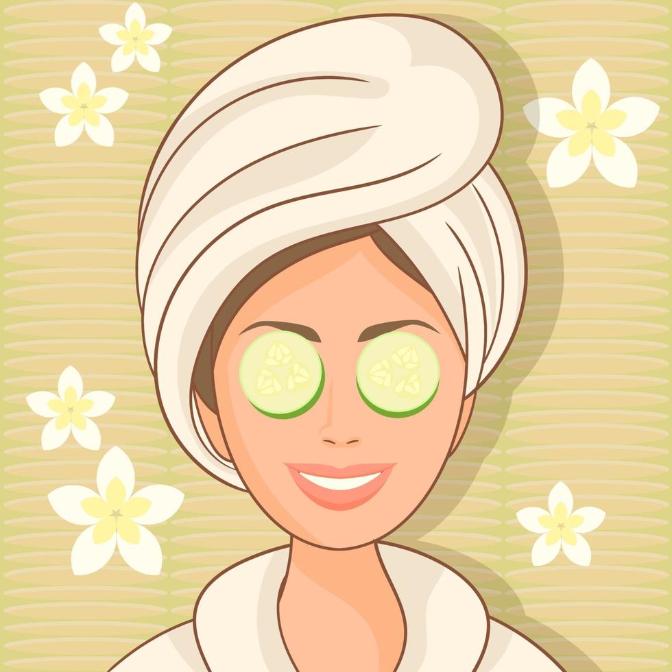 chica en el salón de spa con pepinos en los ojos vector