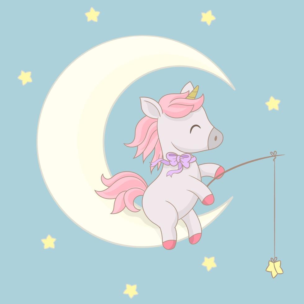 Cute unicorn on the moon vector