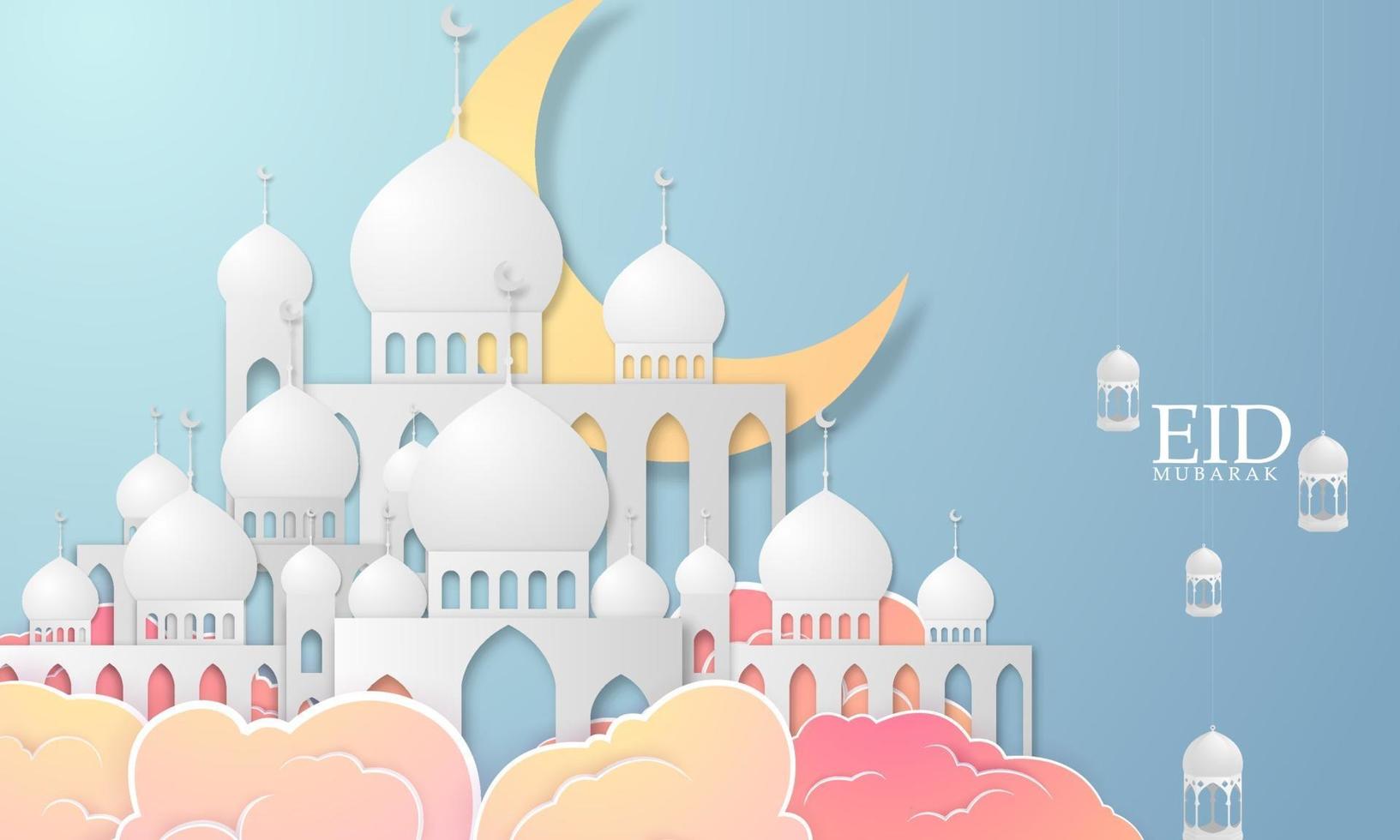 Fondo de Ramadán Kareem 2021. ilustración vectorial con mezquita y luna, lugar para tarjeta de felicitación de texto y banner vector