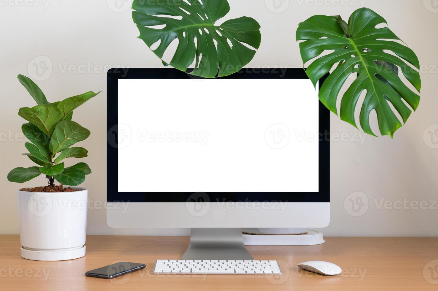 Pantalla en blanco de la computadora con monstera y violín fig en la mesa foto