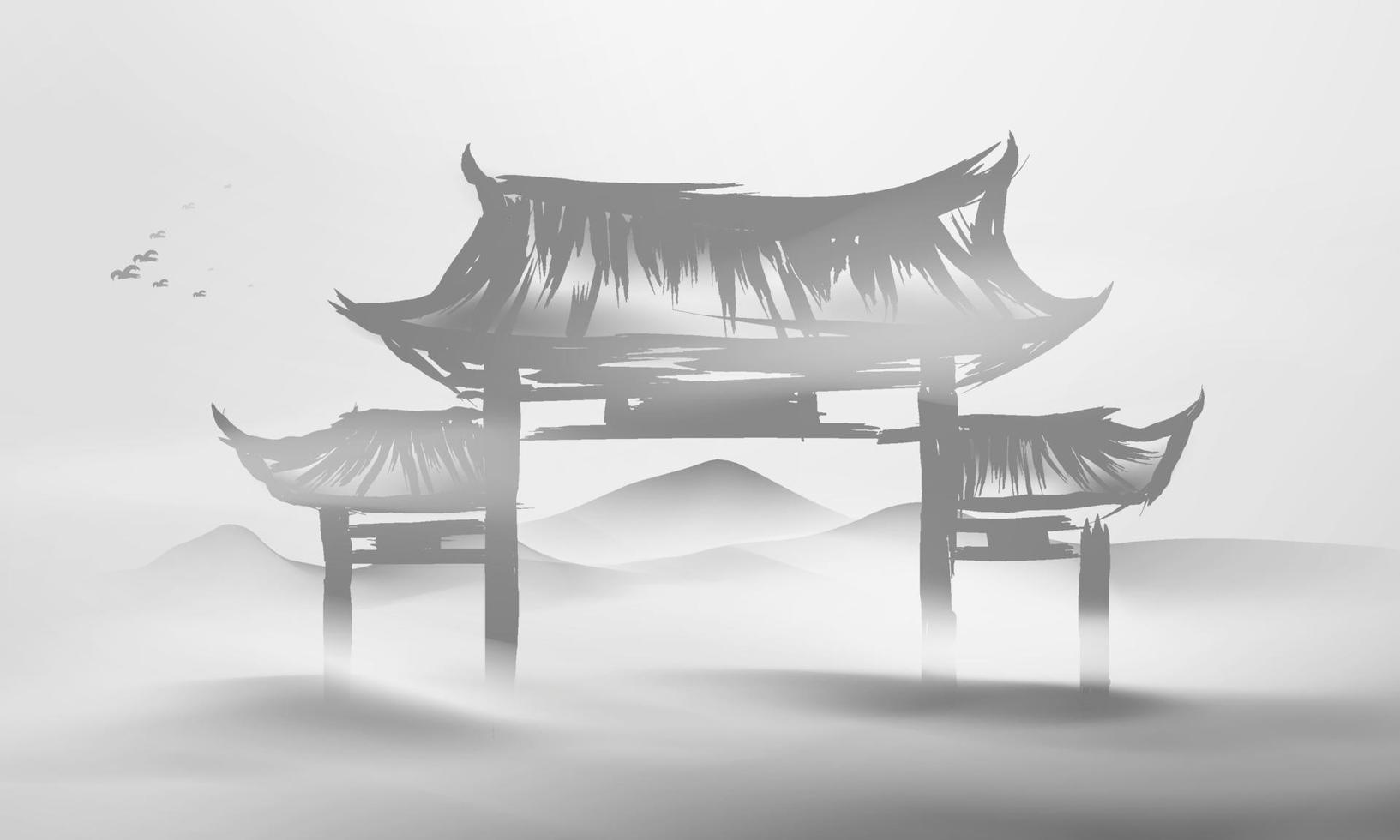 Chinese ink and water landscape painting banner background Chinese door vector