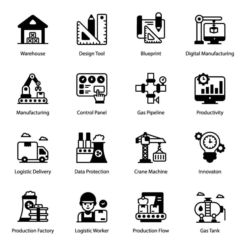 conjunto de iconos de industria y producción vector