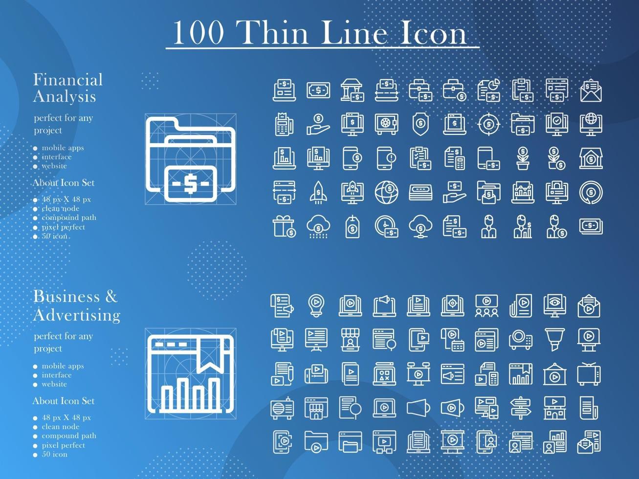 100 Icon thin line financial and business marketing vector