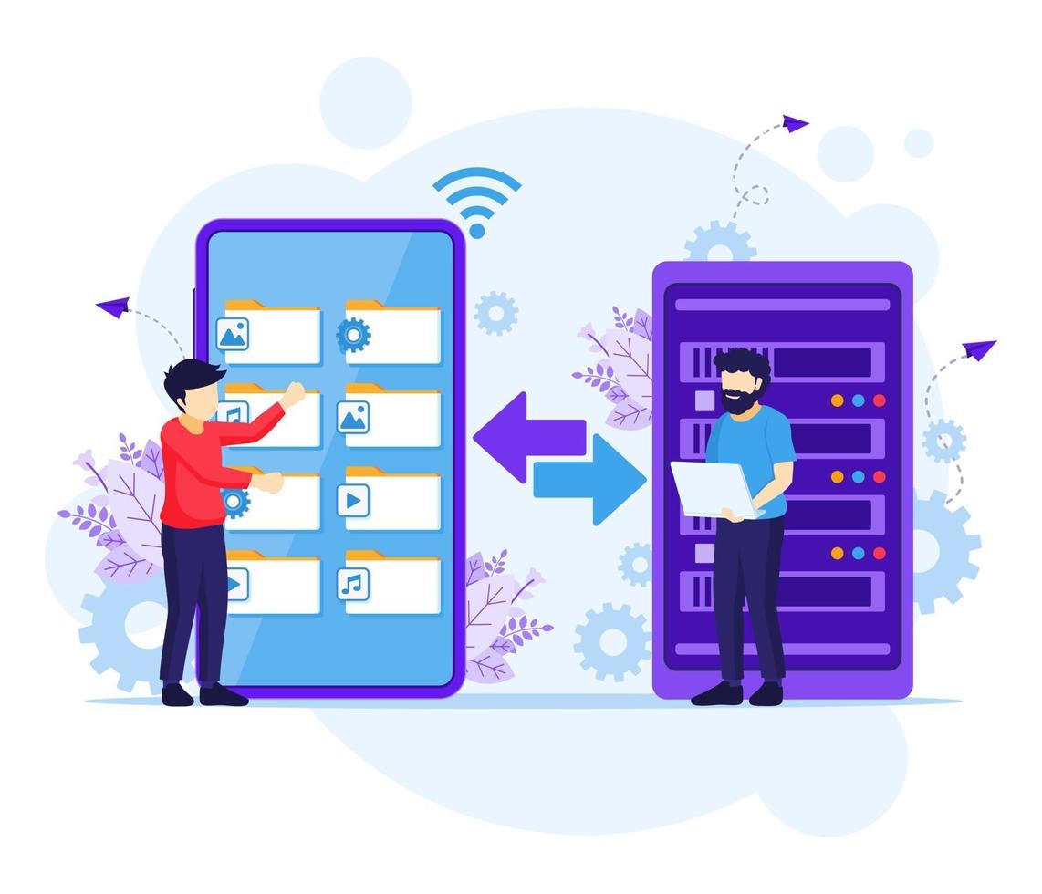 concepto de copia de seguridad de datos, personas que copian archivos o proceso de transferencia de archivos en un teléfono inteligente gigante al servidor. ilustración vectorial vector