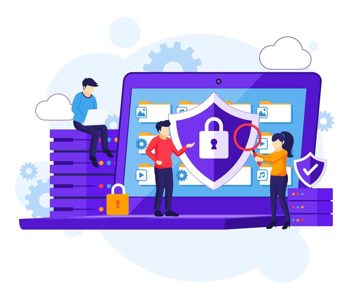 Data protection concept, people protecting data and files on a giant laptop. Vector illustration