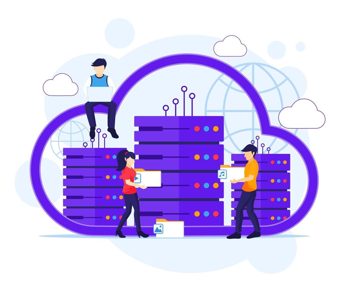 Cloud Computing concept, People working on laptop and server, Digital storage, data center. Vector illustration